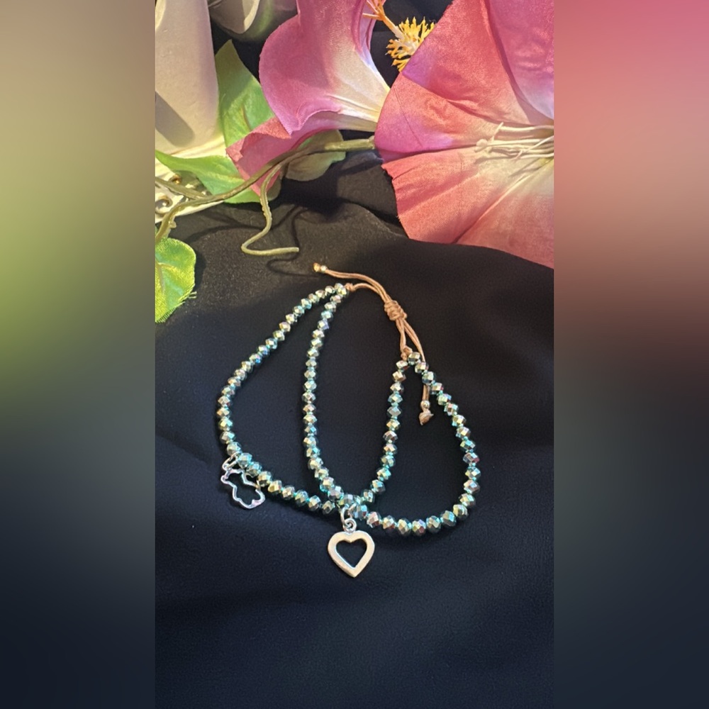 Chic Silver Heart and Bear Charm Beaded Bracelet